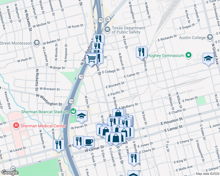 map of restaurants, bars, coffee shops, grocery stores, and more near 619 North Travis Street in Sherman