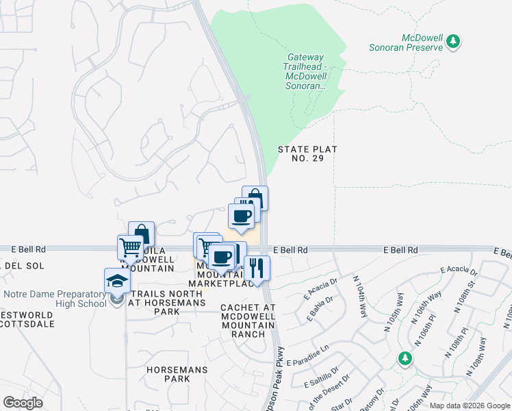map of restaurants, bars, coffee shops, grocery stores, and more near 10090 Bell Road in Scottsdale