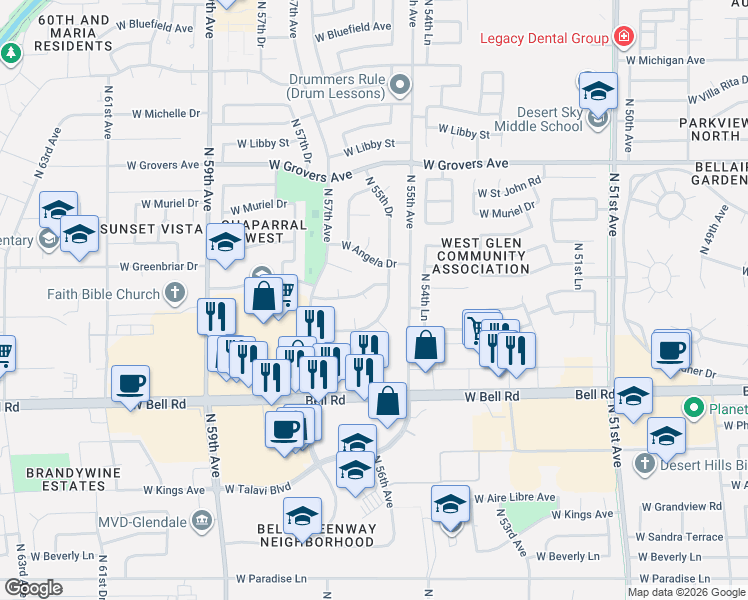 map of restaurants, bars, coffee shops, grocery stores, and more near 17240 North 55th Drive in Glendale