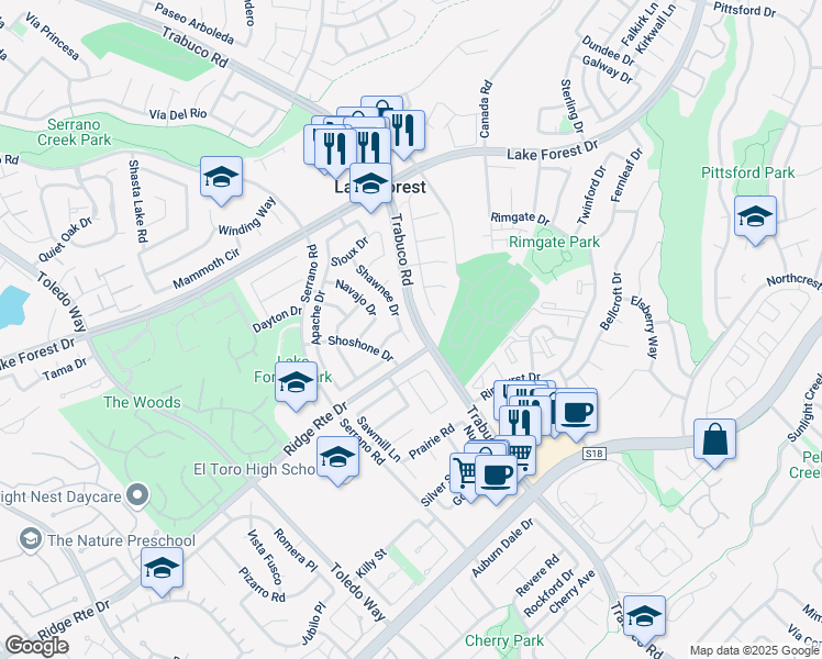 map of restaurants, bars, coffee shops, grocery stores, and more near 25462 Osage Way in Lake Forest