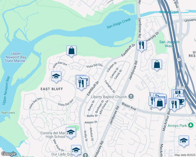 map of restaurants, bars, coffee shops, grocery stores, and more near 520 Laver Way in Newport Beach