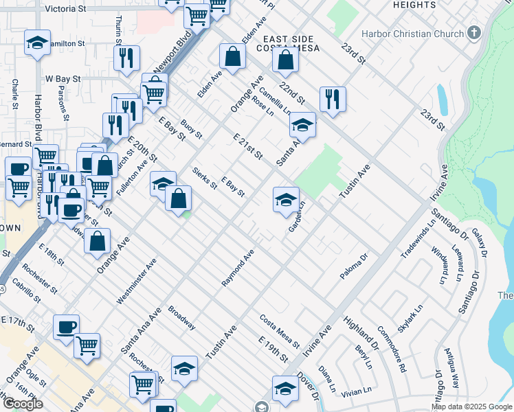 map of restaurants, bars, coffee shops, grocery stores, and more near 2020 Santa Ana Avenue in Costa Mesa