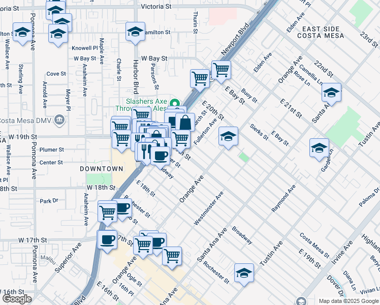 map of restaurants, bars, coffee shops, grocery stores, and more near 151 1/2 East 19th Street in Costa Mesa