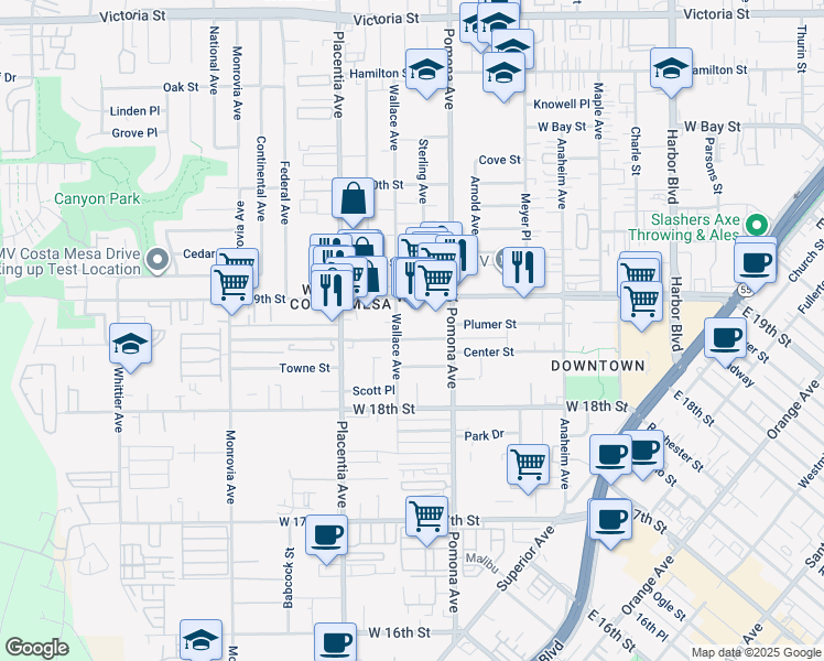 map of restaurants, bars, coffee shops, grocery stores, and more near 723 Center Street in Costa Mesa