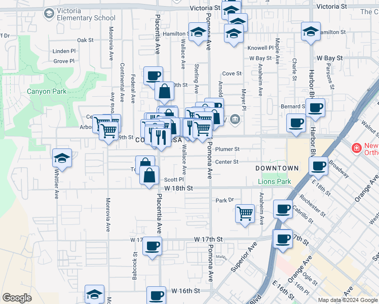 map of restaurants, bars, coffee shops, grocery stores, and more near 753 Center Street in Costa Mesa