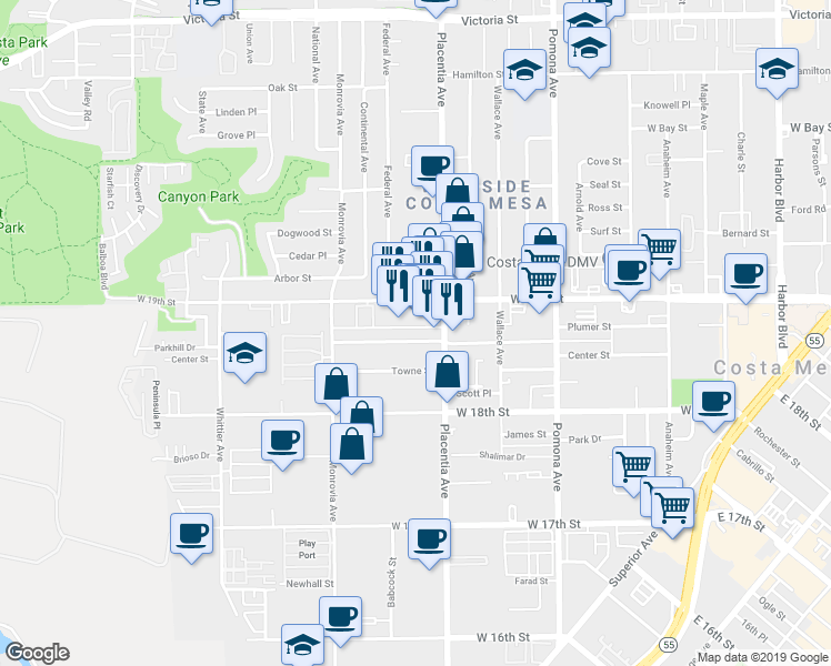 map of restaurants, bars, coffee shops, grocery stores, and more near 825 Center Street in Costa Mesa
