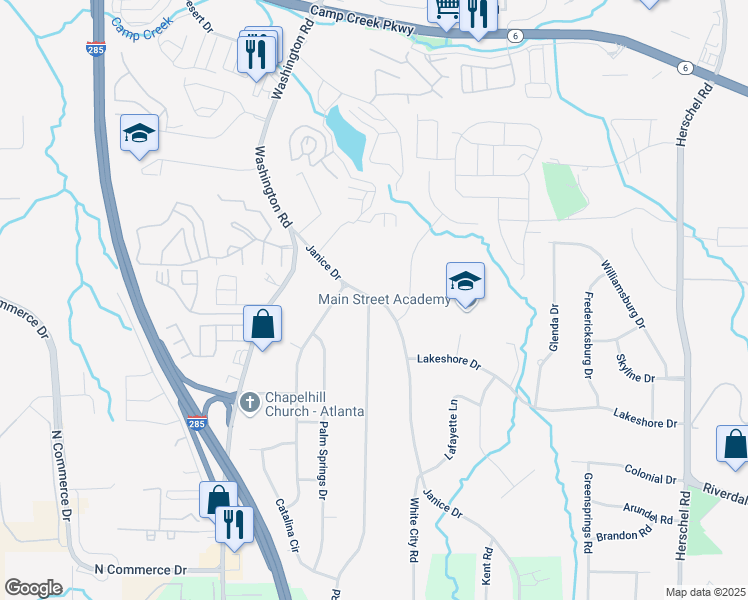 map of restaurants, bars, coffee shops, grocery stores, and more near Yates Road in Fulton County