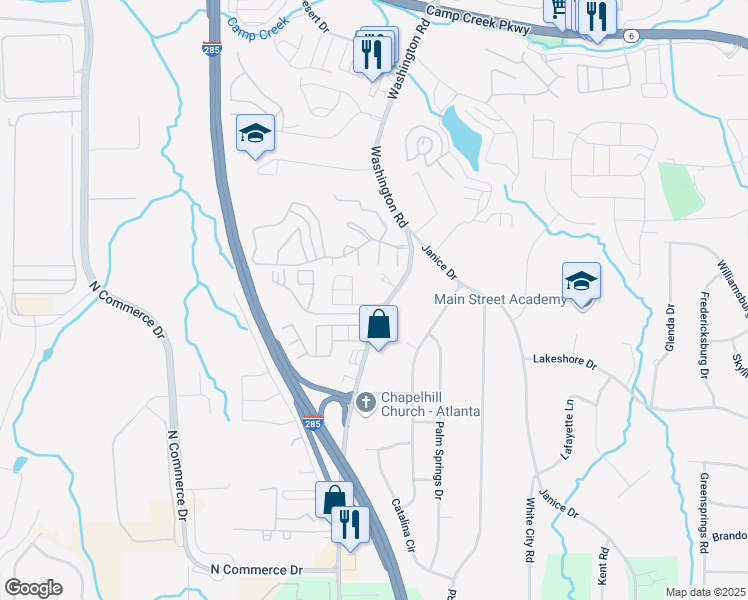 map of restaurants, bars, coffee shops, grocery stores, and more near 107 Highwood Lane in East Point