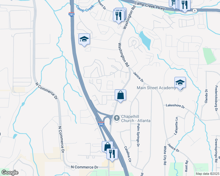map of restaurants, bars, coffee shops, grocery stores, and more near 507 Highwood Lane in East Point