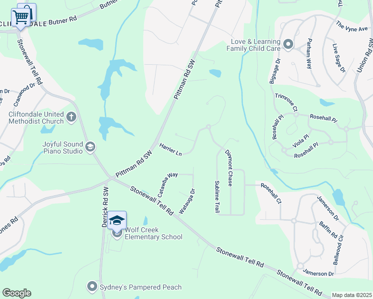 map of restaurants, bars, coffee shops, grocery stores, and more near 5840 Harrier Lane in Atlanta