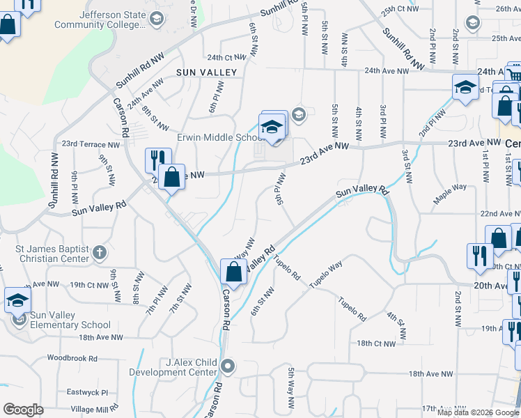 map of restaurants, bars, coffee shops, grocery stores, and more near 2201 5th Way Northwest in Center Point