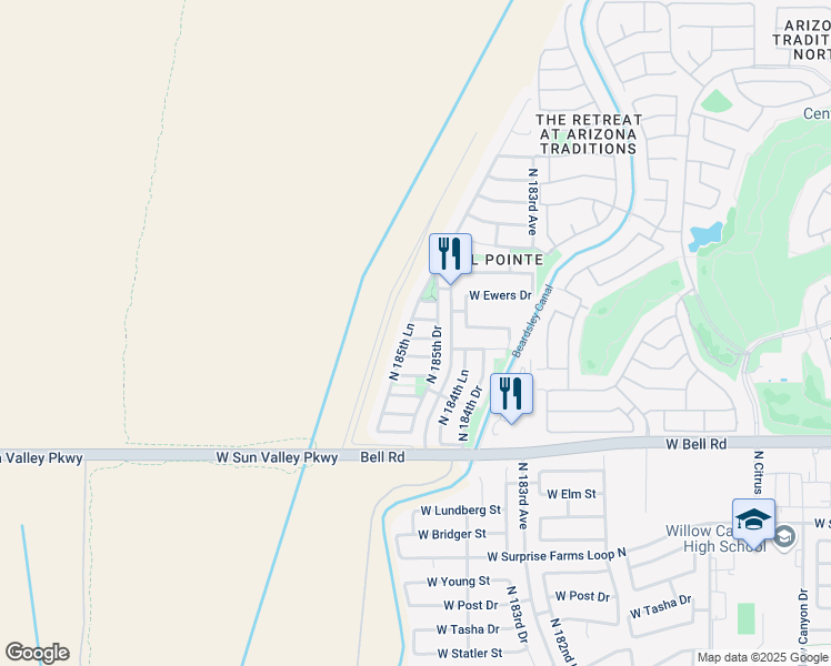 map of restaurants, bars, coffee shops, grocery stores, and more near 17346 North 185th Lane in Surprise