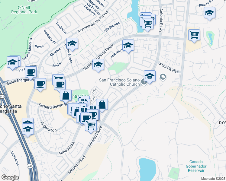 map of restaurants, bars, coffee shops, grocery stores, and more near 13 Vía Meseta in Rancho Santa Margarita