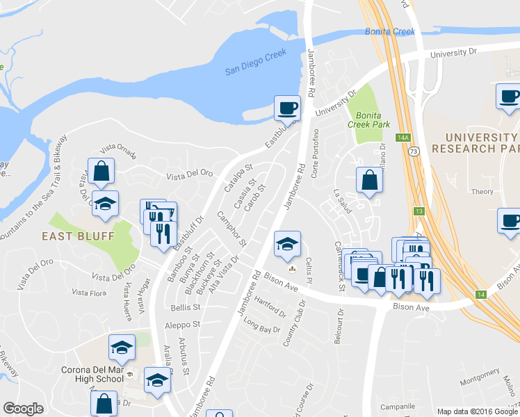 map of restaurants, bars, coffee shops, grocery stores, and more near 2821 Alta Vista Drive in Newport Beach