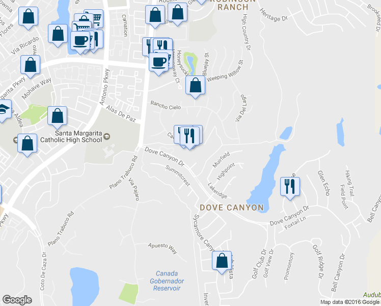 map of restaurants, bars, coffee shops, grocery stores, and more near 31931 Dove Canyon Drive in Trabuco Canyon