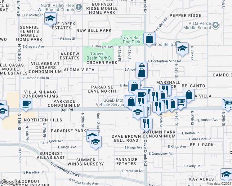 map of restaurants, bars, coffee shops, grocery stores, and more near 17209 North 22nd Street in Phoenix
