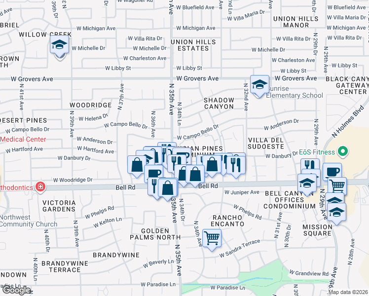 map of restaurants, bars, coffee shops, grocery stores, and more near 17211 North 35th Avenue in Phoenix