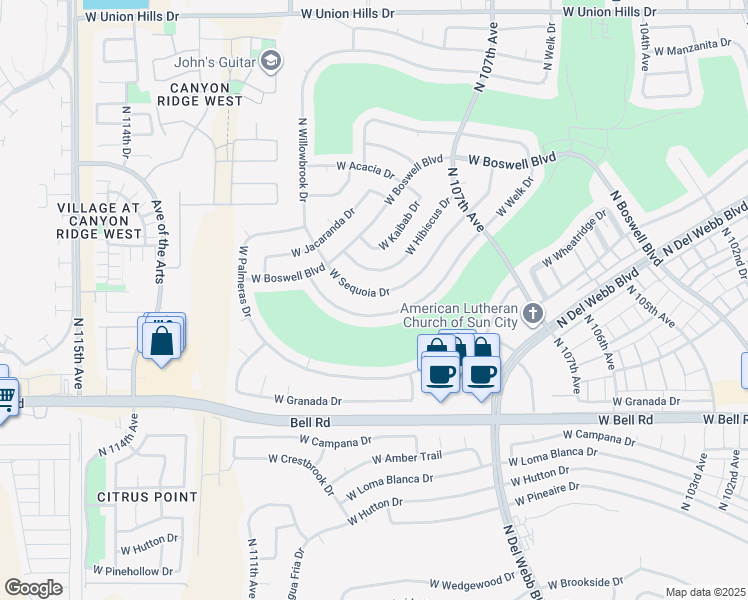 map of restaurants, bars, coffee shops, grocery stores, and more near 10838 West Welk Drive in Sun City