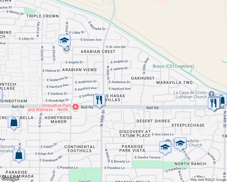 map of restaurants, bars, coffee shops, grocery stores, and more near 5631 East Hartford Avenue in Scottsdale