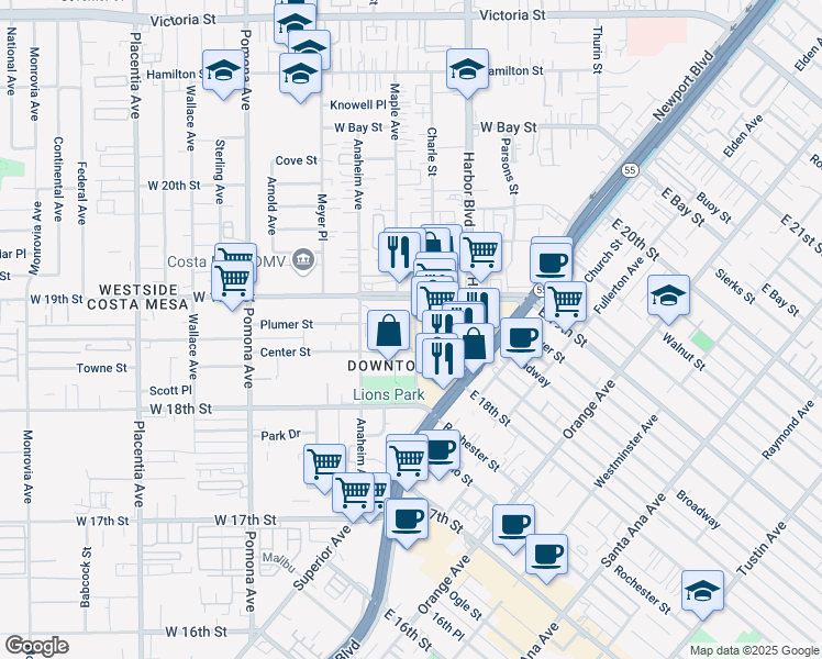 map of restaurants, bars, coffee shops, grocery stores, and more near 1865 Park Avenue in Costa Mesa