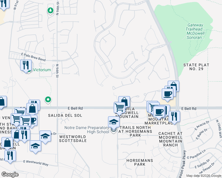 map of restaurants, bars, coffee shops, grocery stores, and more near 9787 East Desert Jewel Drive in Scottsdale