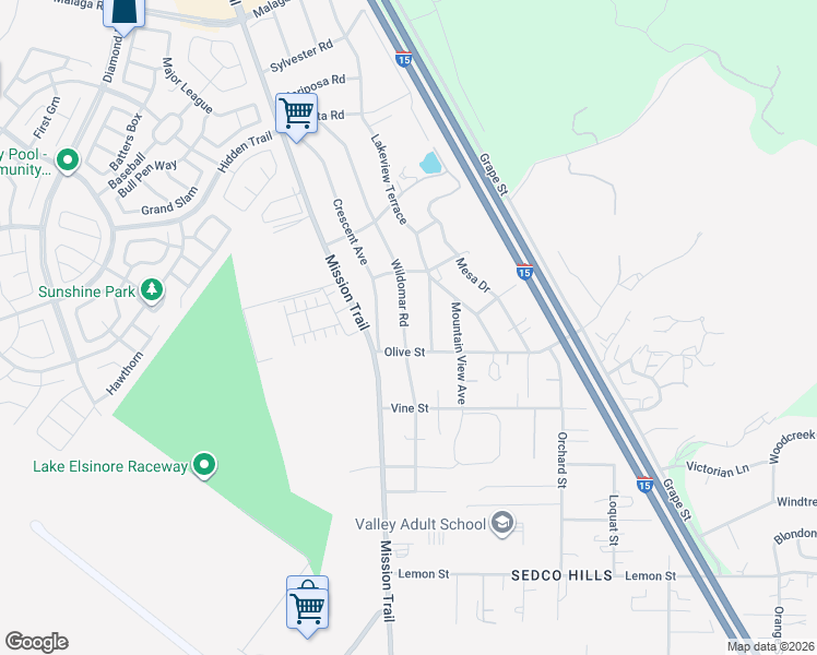 map of restaurants, bars, coffee shops, grocery stores, and more near 32950 Wildomar Road in Lake Elsinore