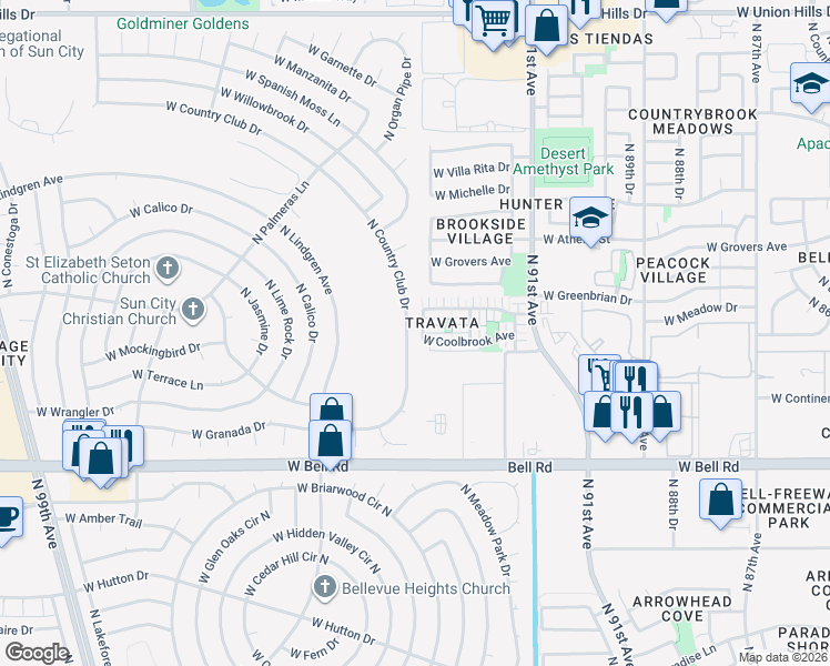 map of restaurants, bars, coffee shops, grocery stores, and more near 17402 North Country Club Drive in Sun City