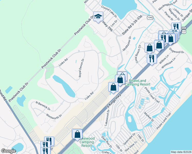 map of restaurants, bars, coffee shops, grocery stores, and more near 1231 Links Road in Surfside Beach