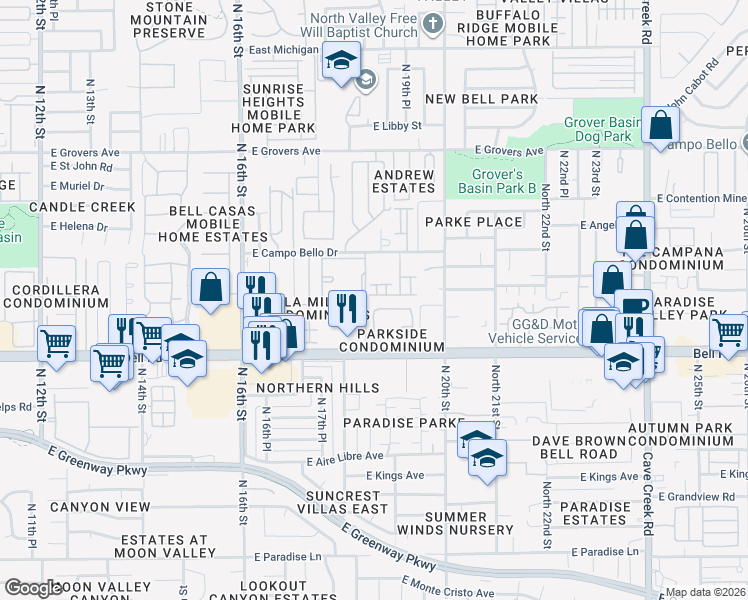 map of restaurants, bars, coffee shops, grocery stores, and more near 1833 East Hartford Avenue in Phoenix