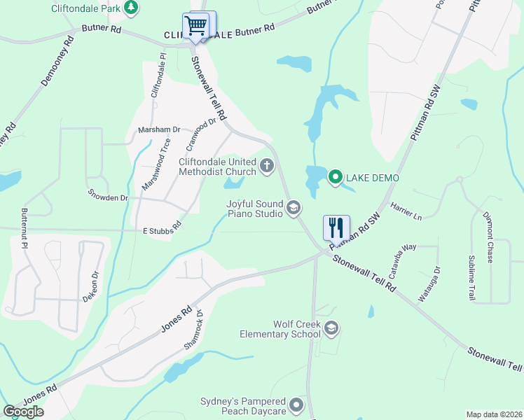 map of restaurants, bars, coffee shops, grocery stores, and more near 6215 Hudgens Road in College Park