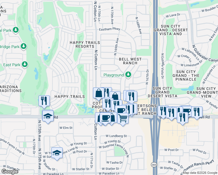 map of restaurants, bars, coffee shops, grocery stores, and more near 17018 West Manchester Drive in Surprise