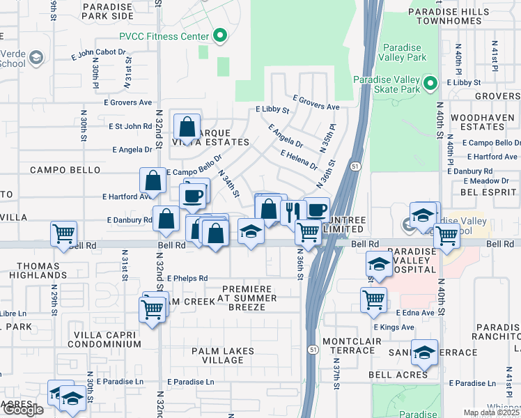 map of restaurants, bars, coffee shops, grocery stores, and more near 3420 East Bell Road in Phoenix