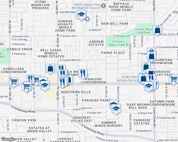 map of restaurants, bars, coffee shops, grocery stores, and more near 1833 East Hartford Avenue in Phoenix