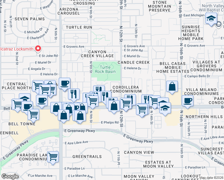 map of restaurants, bars, coffee shops, grocery stores, and more near 1100 East Bell Road in Phoenix