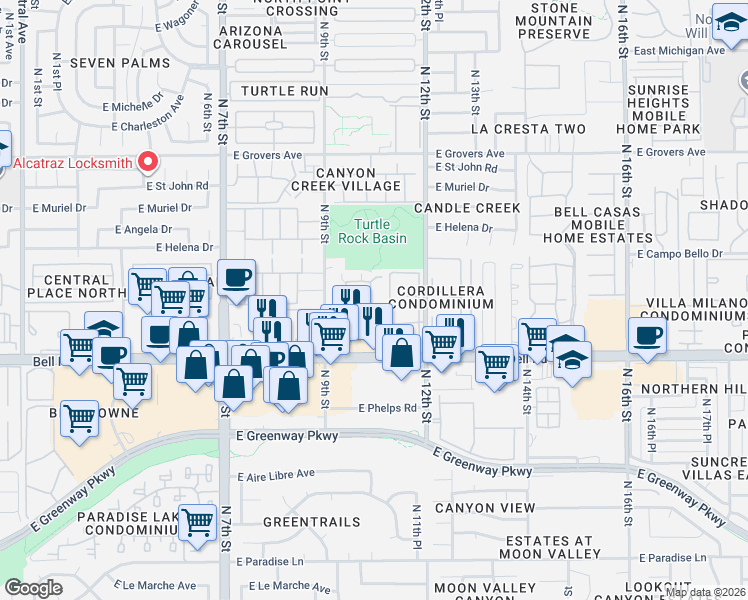 map of restaurants, bars, coffee shops, grocery stores, and more near 17145 North 10th Street in Phoenix