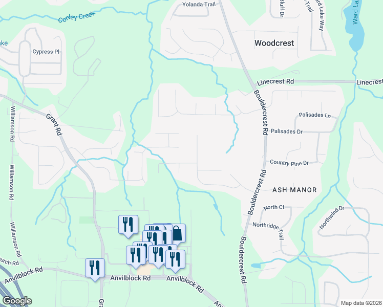 map of restaurants, bars, coffee shops, grocery stores, and more near 3138 Jeffrey Drive in Ellenwood