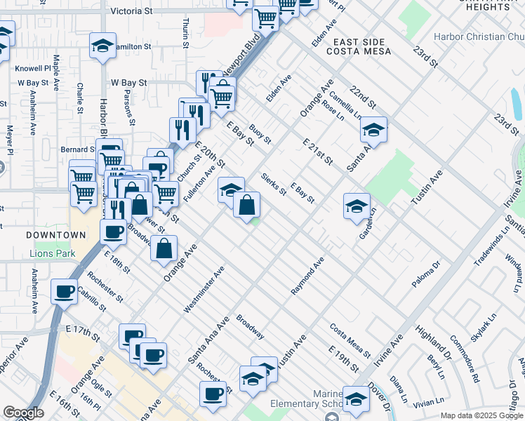 map of restaurants, bars, coffee shops, grocery stores, and more near 243 East 20th Street in Costa Mesa