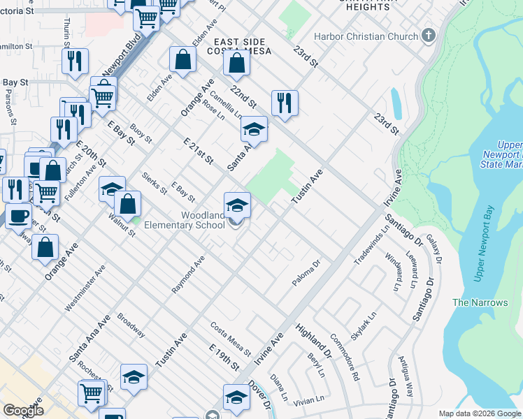 map of restaurants, bars, coffee shops, grocery stores, and more near 375 East 21st Street in Costa Mesa