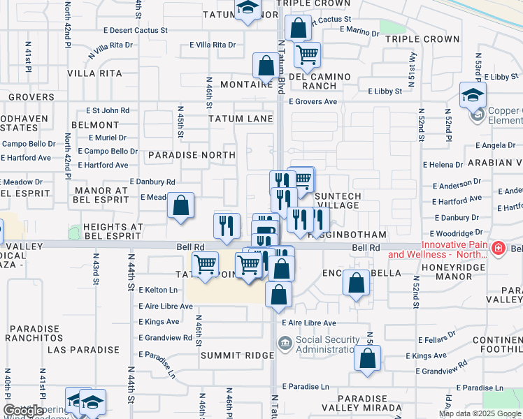 map of restaurants, bars, coffee shops, grocery stores, and more near 4722 East Bell Road in Phoenix
