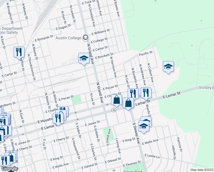 map of restaurants, bars, coffee shops, grocery stores, and more near 1528 East Pecan Street in Sherman