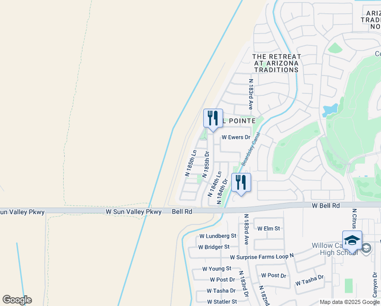 map of restaurants, bars, coffee shops, grocery stores, and more near 17394 North 185th Lane in Surprise
