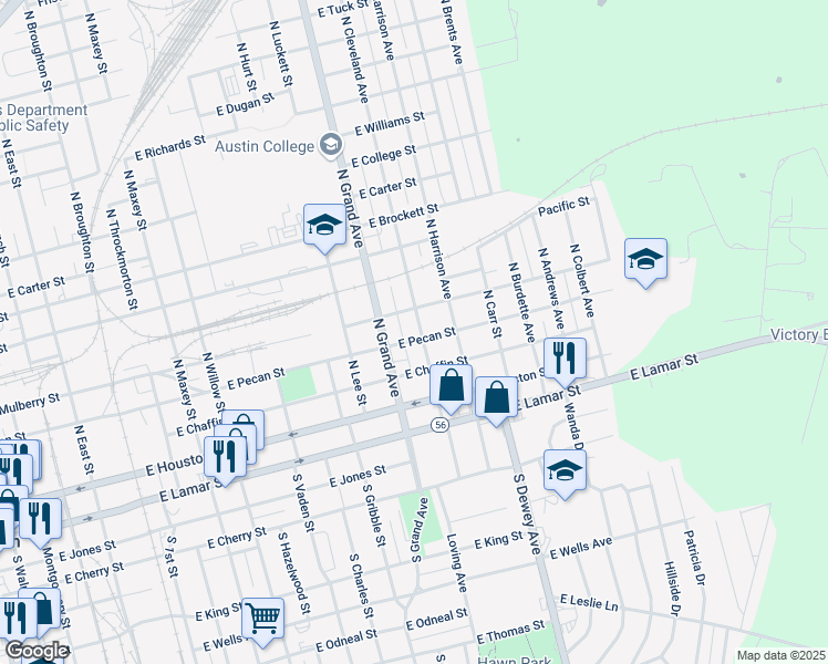 map of restaurants, bars, coffee shops, grocery stores, and more near 306 North Cleveland Avenue in Sherman