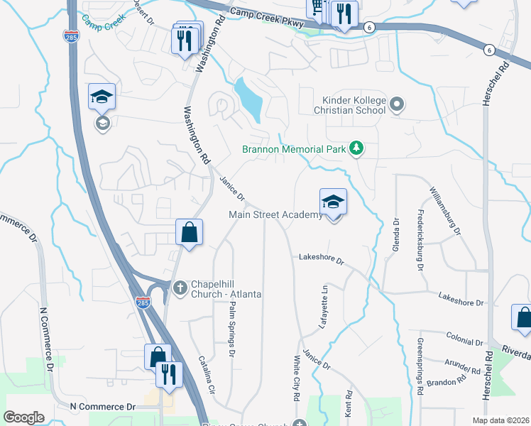 map of restaurants, bars, coffee shops, grocery stores, and more near 4145 Janice Drive in Atlanta