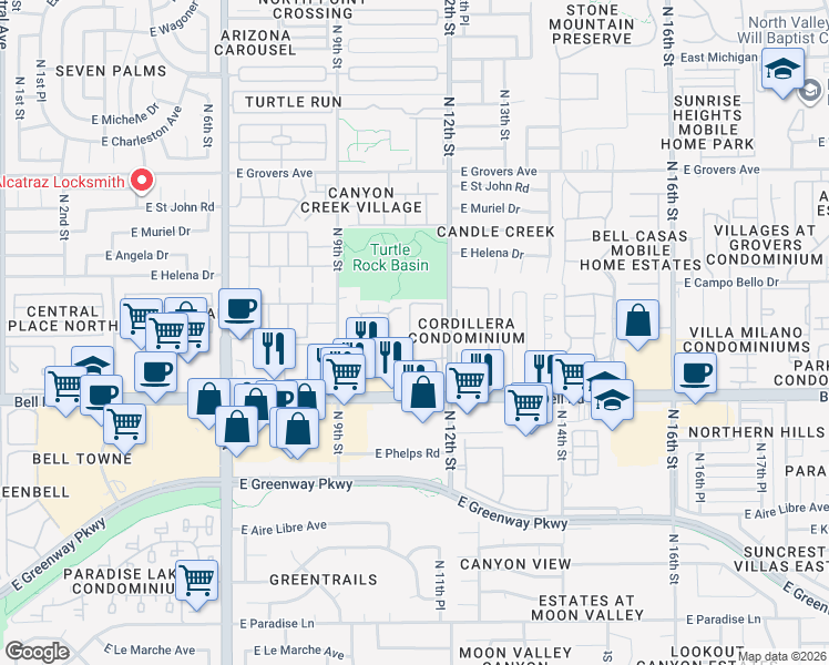 map of restaurants, bars, coffee shops, grocery stores, and more near 1100 East Bell Road in Phoenix