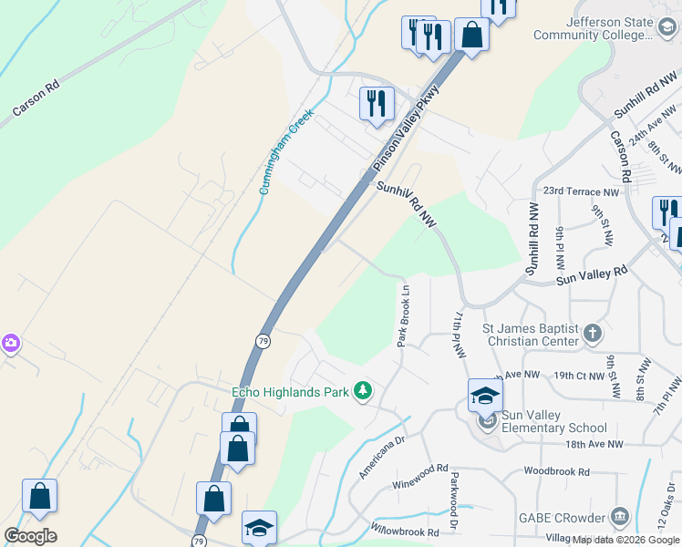 map of restaurants, bars, coffee shops, grocery stores, and more near 2122 Redwood Circle in Birmingham