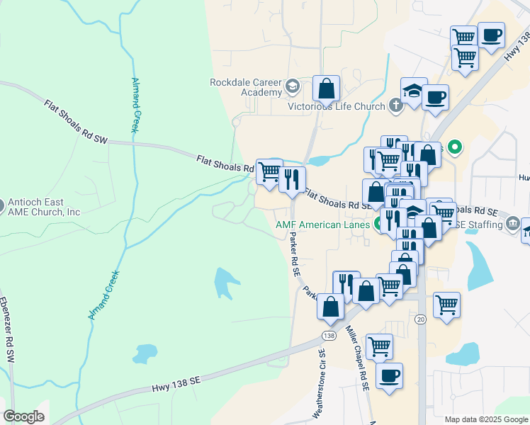 map of restaurants, bars, coffee shops, grocery stores, and more near 1825 Parker Road Southeast in Conyers