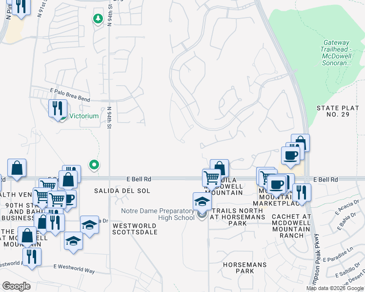map of restaurants, bars, coffee shops, grocery stores, and more near 17312 North 96th Way in Scottsdale