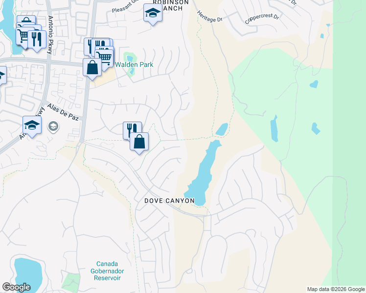 map of restaurants, bars, coffee shops, grocery stores, and more near 2 Muirfield in Rancho Santa Margarita