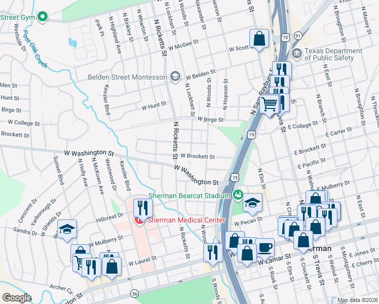 map of restaurants, bars, coffee shops, grocery stores, and more near 901 West Brockett Street in Sherman