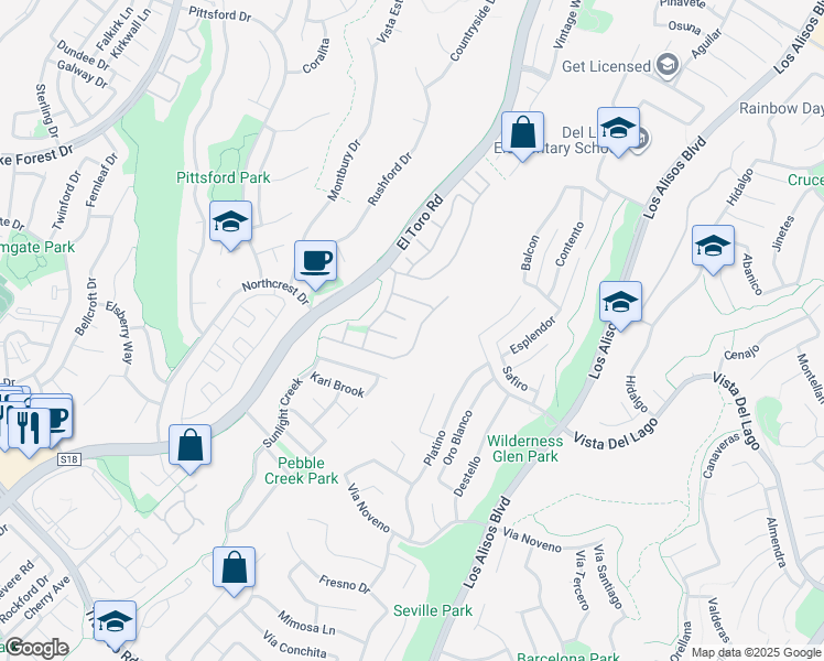 map of restaurants, bars, coffee shops, grocery stores, and more near 22081 Broken Bow Drive in Lake Forest